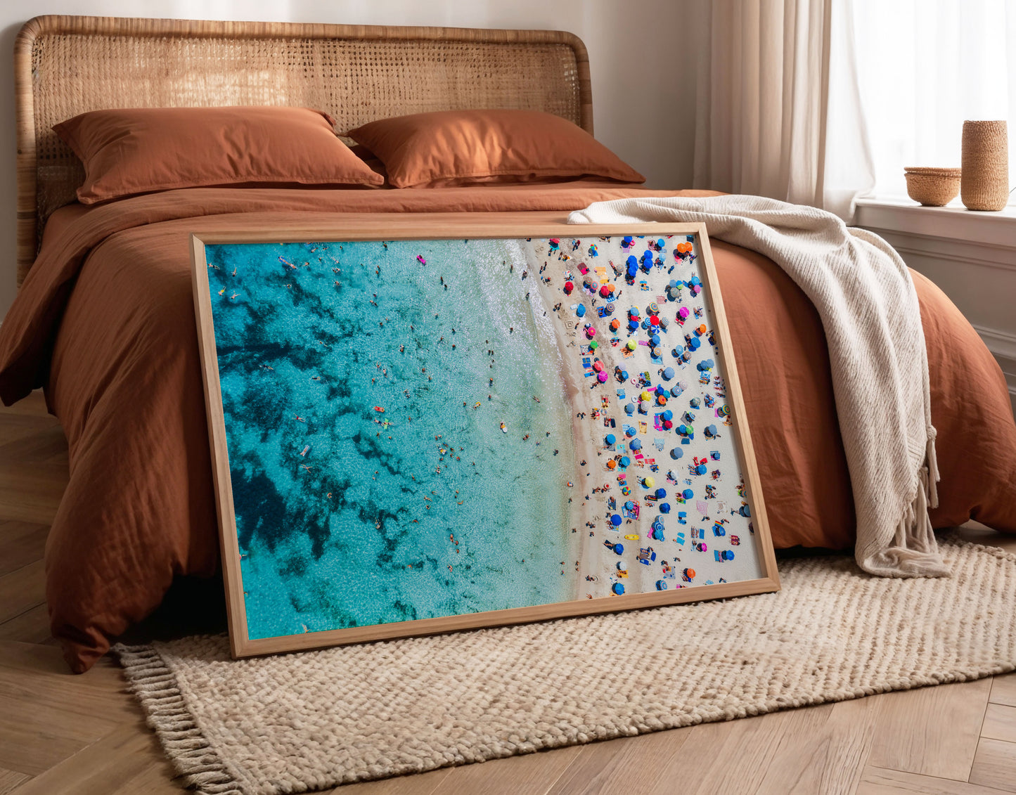 Aerial Beach Umbrella Print, Turquoise Ocean Photography Wall Art Poster, Coastal Summer Decor