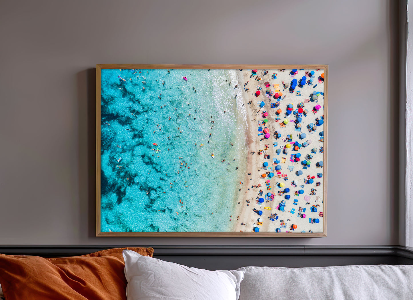 Aerial Beach Umbrella Print, Turquoise Ocean Photography Wall Art Poster, Coastal Summer Decor