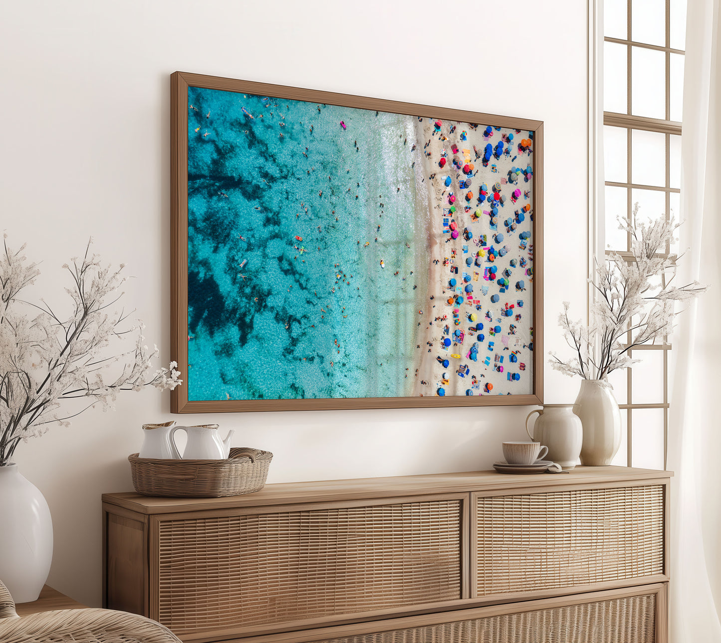 Aerial Beach Umbrella Print, Turquoise Ocean Photography Wall Art Poster, Coastal Summer Decor