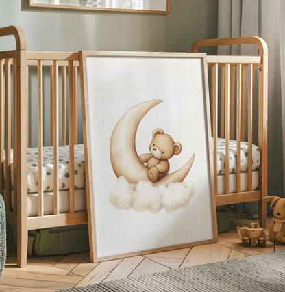 Teddy bear moon nursery print with a brown bear sitting on a crescent moon and clouds