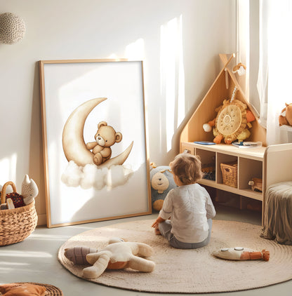 Teddy bear moon kids wall art displayed in a bright nursery play space