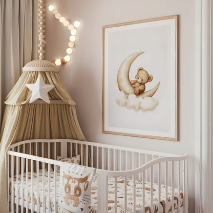 Teddy bear moon nursery wall art displayed above a cot in a neutral baby room