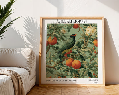 William Morris Style Bird & Orange Tree Print – Green Botanical Square Wall Art