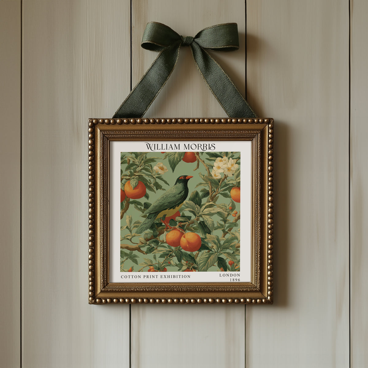 William Morris Style Bird & Orange Tree Print – Green Botanical Square Wall Art