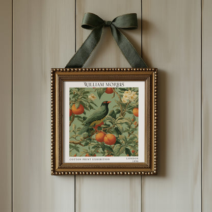 William Morris Style Bird & Orange Tree Print – Green Botanical Square Wall Art