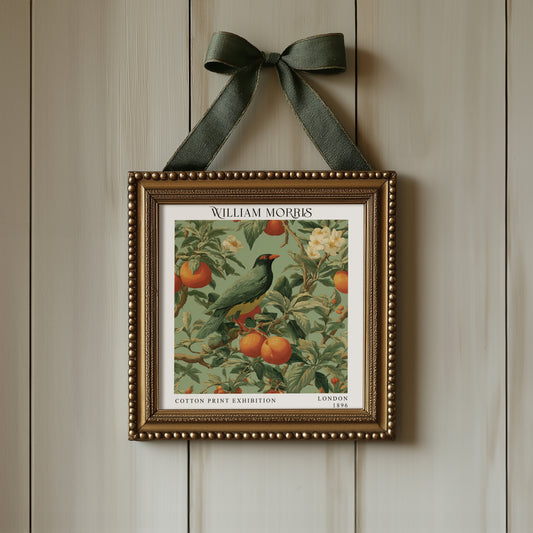 William Morris Style Bird & Orange Tree Print – Green Botanical Square Wall Art