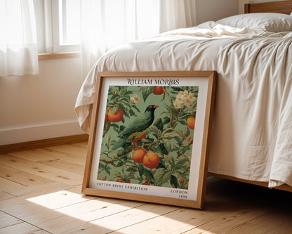 William Morris Style Bird & Orange Tree Print – Green Botanical Square Wall Art