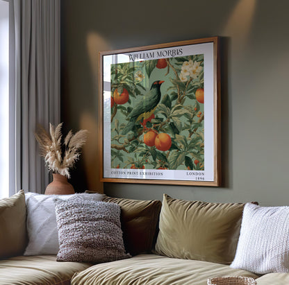 William Morris Style Bird & Orange Tree Print – Green Botanical Square Wall Art