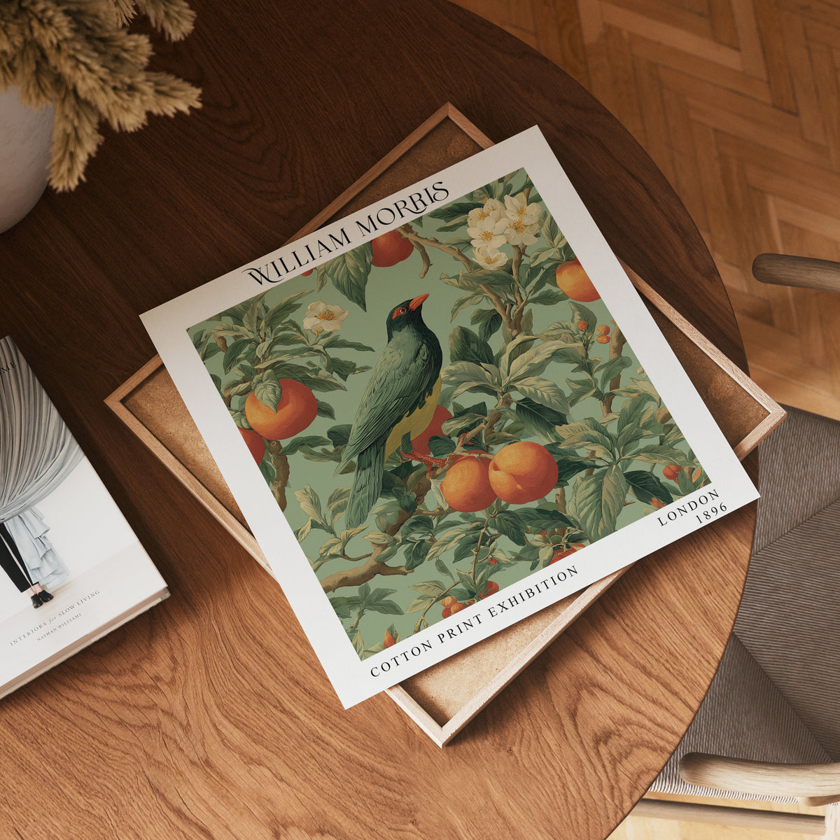 William Morris Style Bird & Orange Tree Print – Green Botanical Square Wall Art