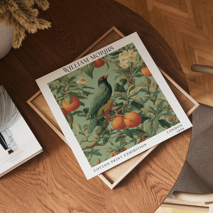 William Morris Style Bird & Orange Tree Print – Green Botanical Square Wall Art
