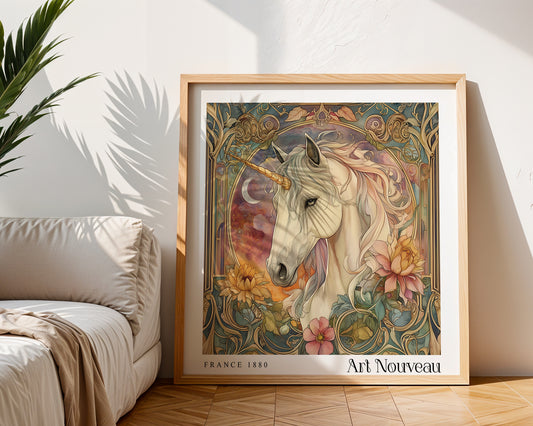 Unicorn Art Nouveau Print - Art Deco Poster - Vintage Botanical Wall Art