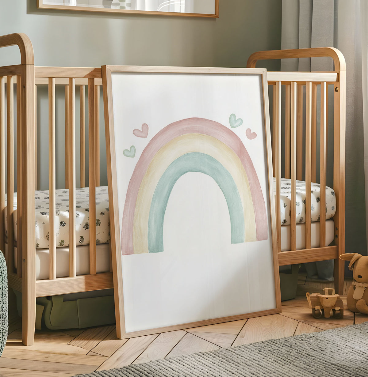 Pastel pink cream and mint rainbow nursery wall art print with hearts