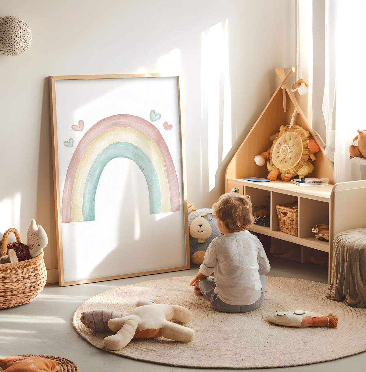 Pastel rainbow nursery print displayed in a bright child's room