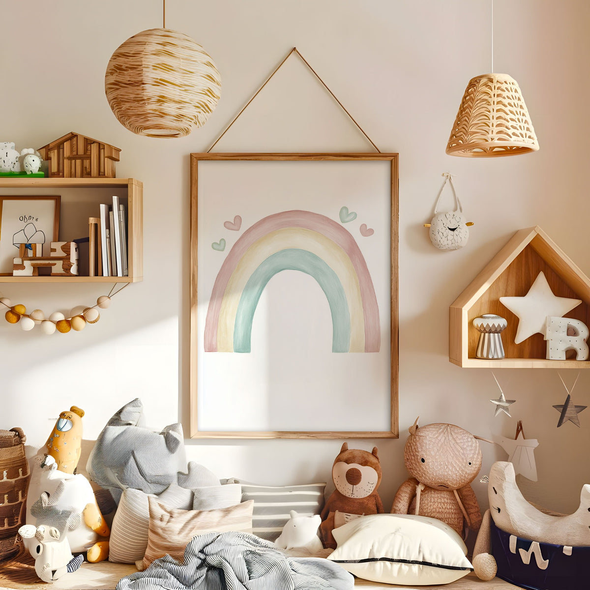 Soft pastel rainbow wall art in a warm neutral nursery