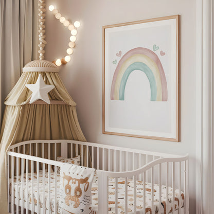 Pastel rainbow nursery wall art displayed above a cot