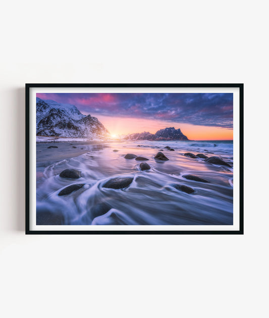 Snowy Coastal Print, Winter Beach Photography Wall Art Poster, Mountain Seascape Decor