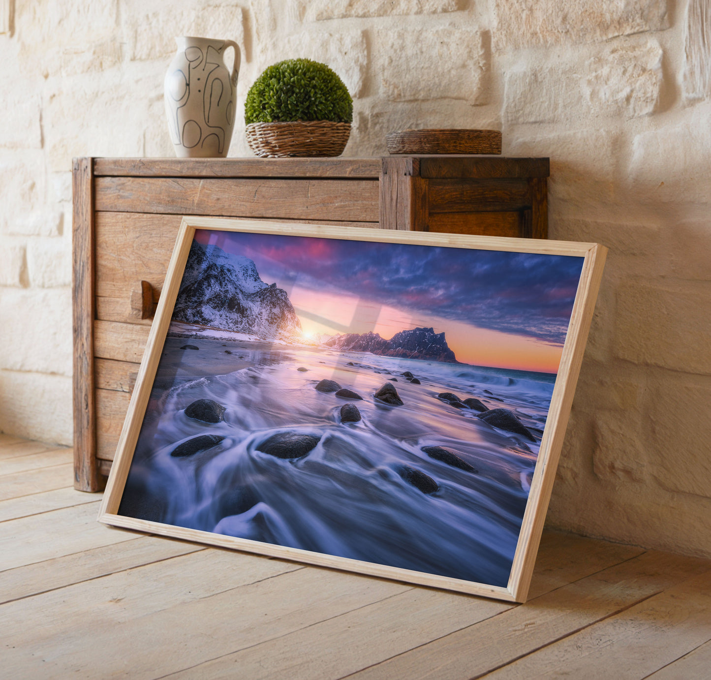 Snowy Coastal Print, Winter Beach Photography Wall Art Poster, Mountain Seascape Decor