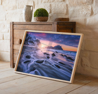 Snowy Coastal Print, Winter Beach Photography Wall Art Poster, Mountain Seascape Decor