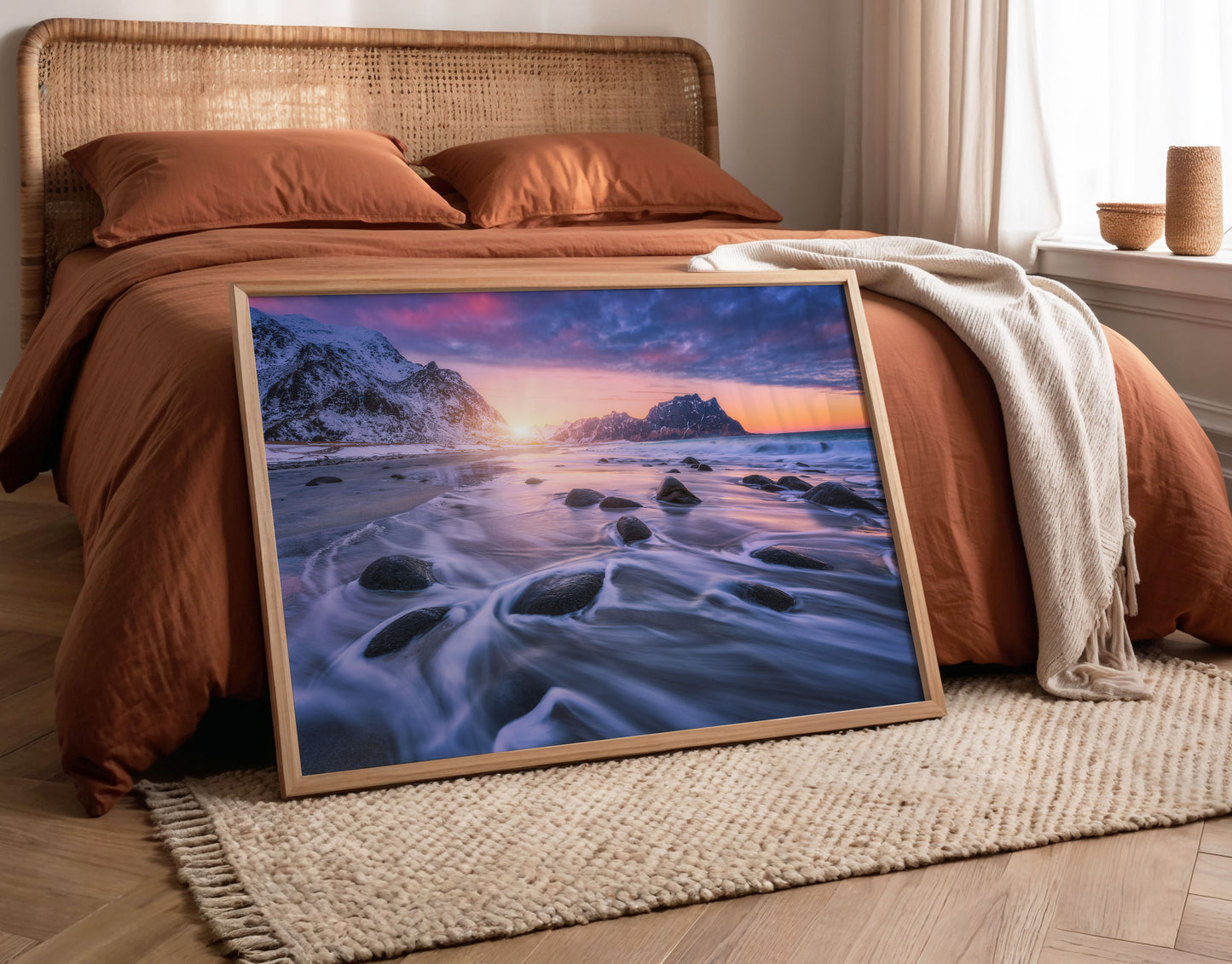 Snowy Coastal Print, Winter Beach Photography Wall Art Poster, Mountain Seascape Decor