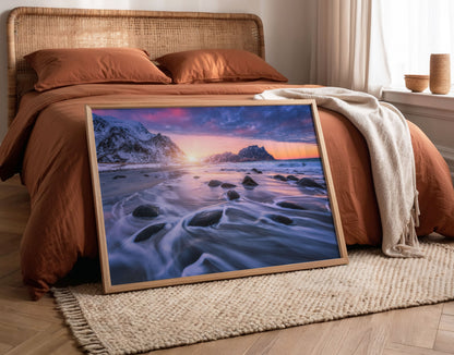 Snowy Coastal Print, Winter Beach Photography Wall Art Poster, Mountain Seascape Decor
