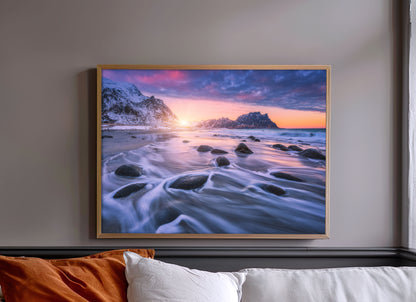Snowy Coastal Print, Winter Beach Photography Wall Art Poster, Mountain Seascape Decor