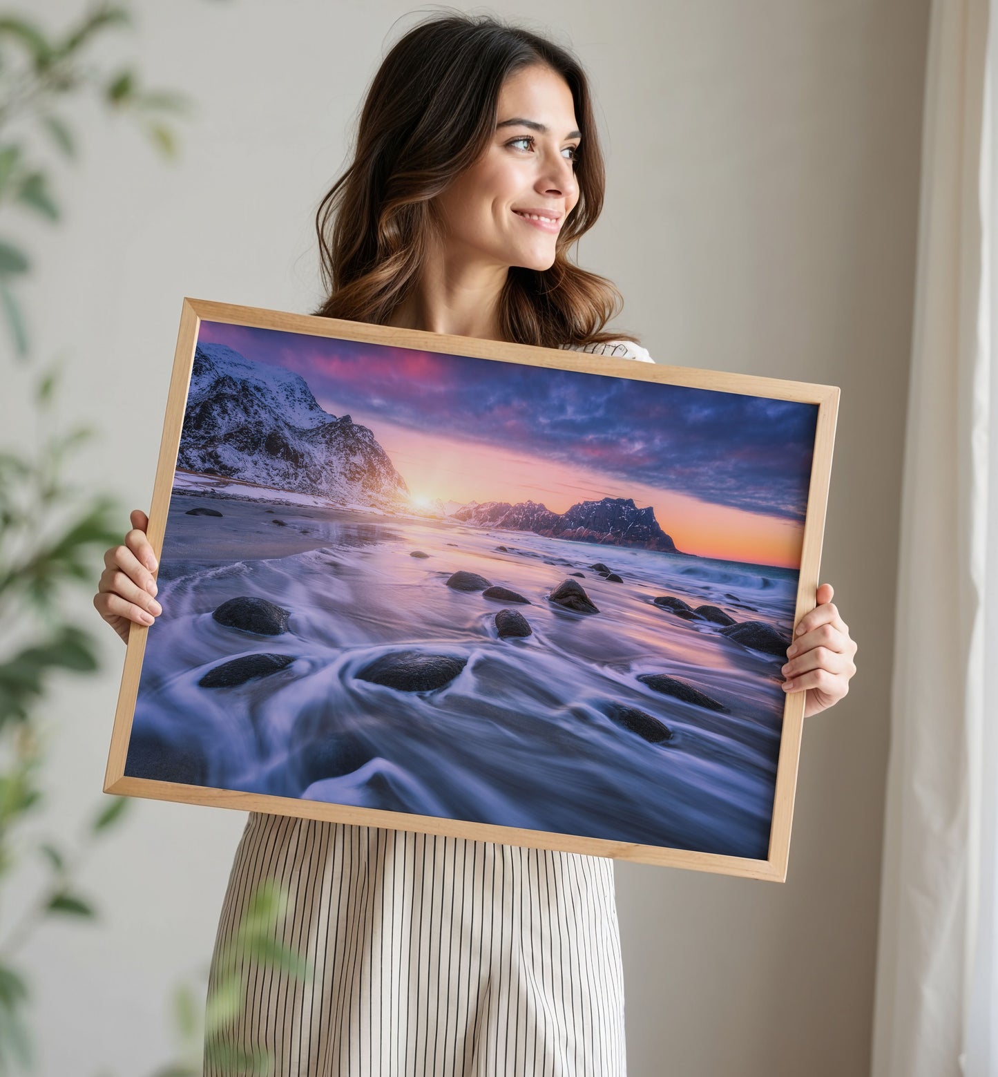 Snowy Coastal Print, Winter Beach Photography Wall Art Poster, Mountain Seascape Decor