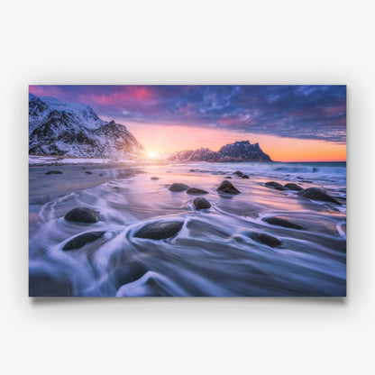 Snowy Coastal Print, Winter Beach Photography Wall Art Poster, Mountain Seascape Decor