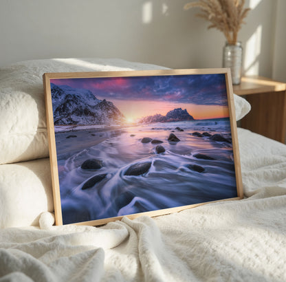 Snowy Coastal Print, Winter Beach Photography Wall Art Poster, Mountain Seascape Decor