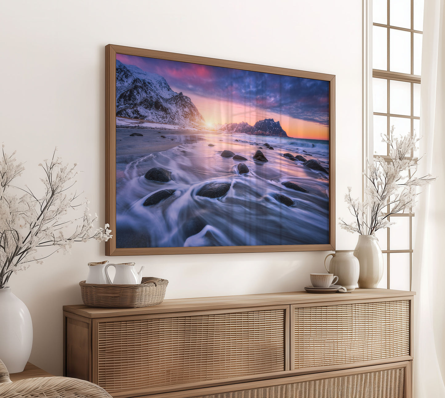 Snowy Coastal Print, Winter Beach Photography Wall Art Poster, Mountain Seascape Decor