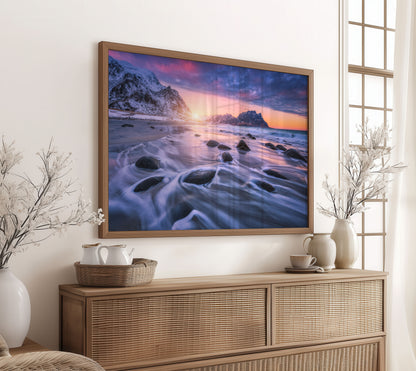 Snowy Coastal Print, Winter Beach Photography Wall Art Poster, Mountain Seascape Decor