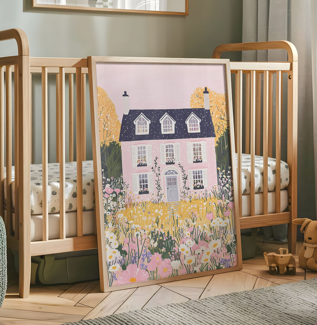 Pink country house and wildflower garden nursery wall art print