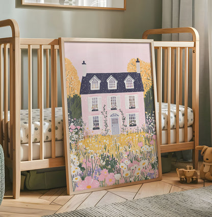Pink country house and wildflower garden nursery wall art print