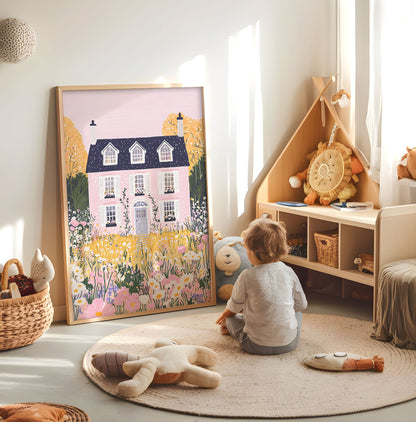 Pink floral house nursery print displayed in a bright child's room