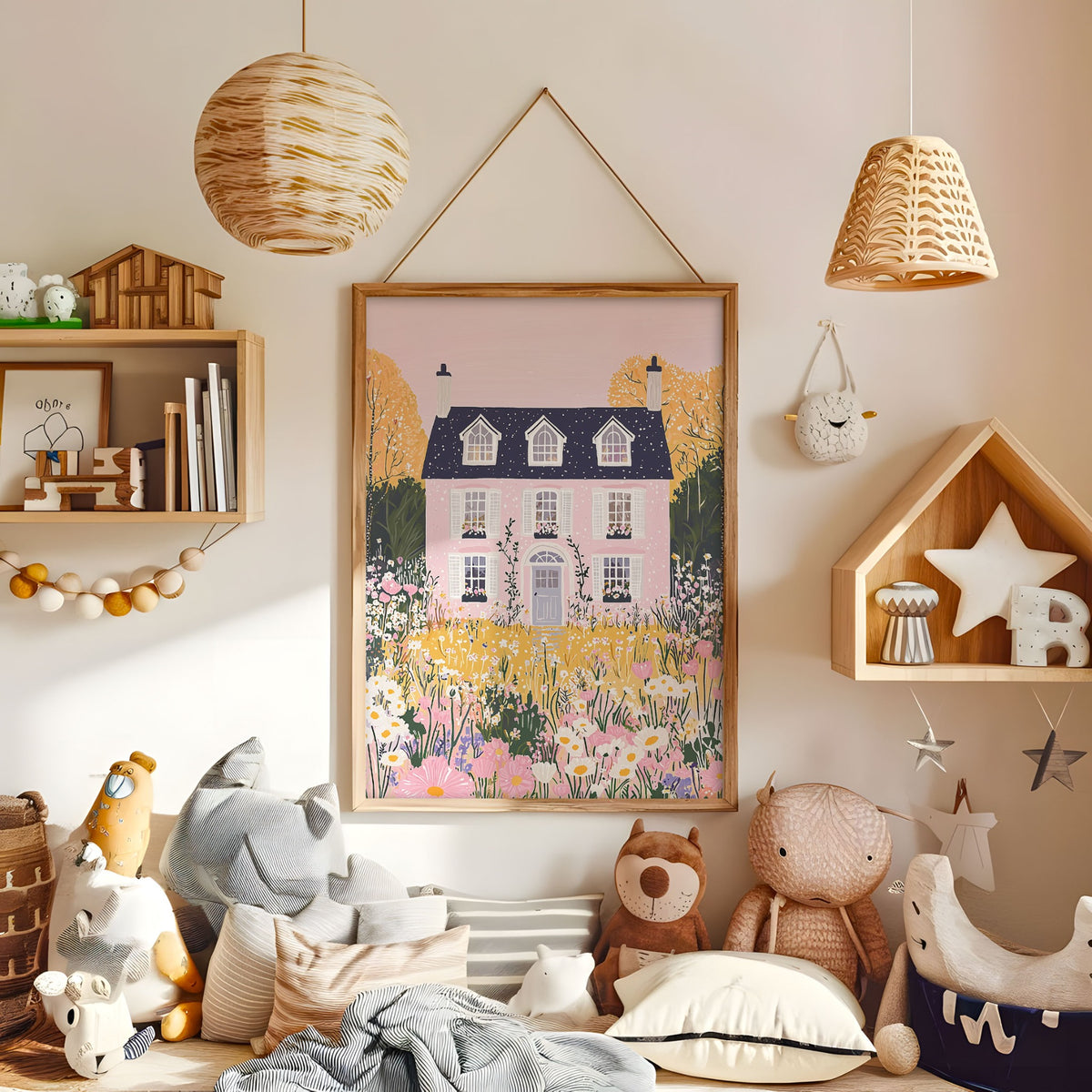 Pink country cottage and flower garden wall art in a warm nursery
