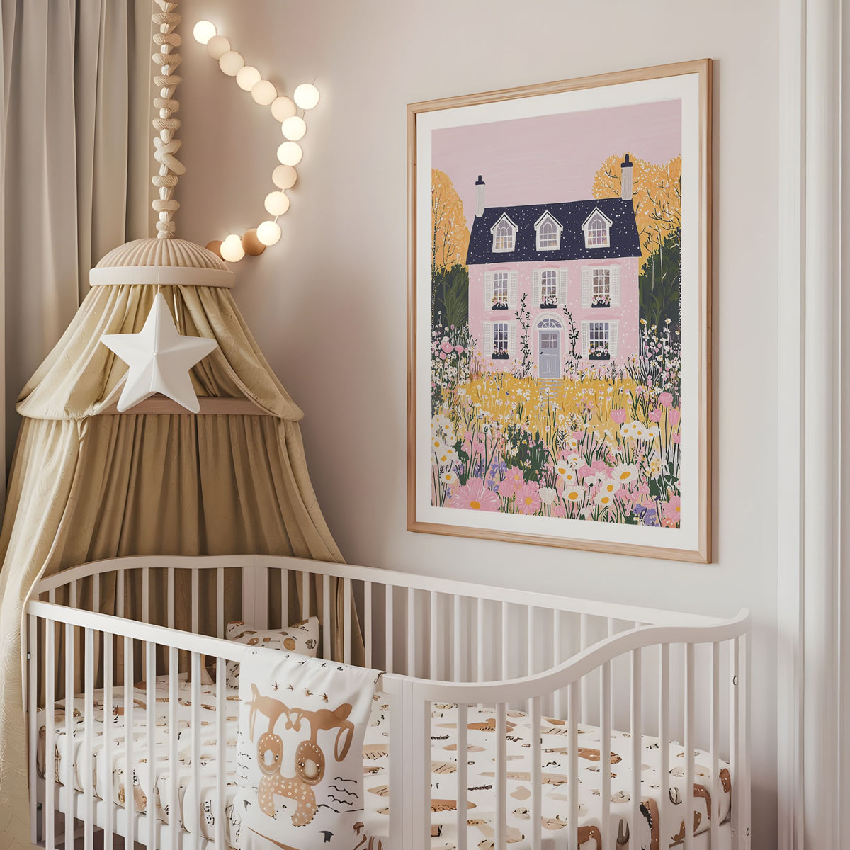 Pink floral country house nursery print displayed above a cot