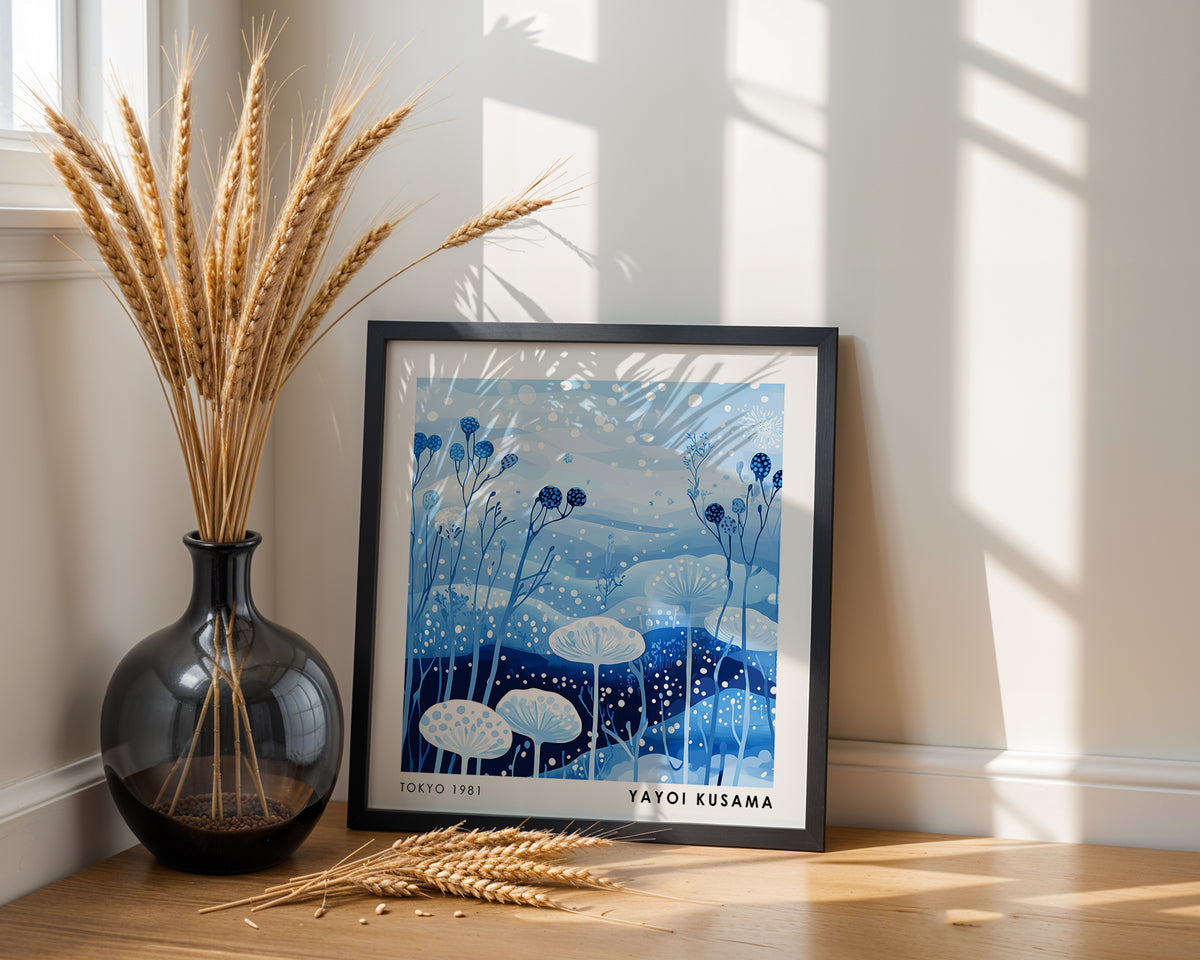 Yayoi Kusama Inspired Blue Polka Dot Mushroom Print | Japanese Botanical Wall Art