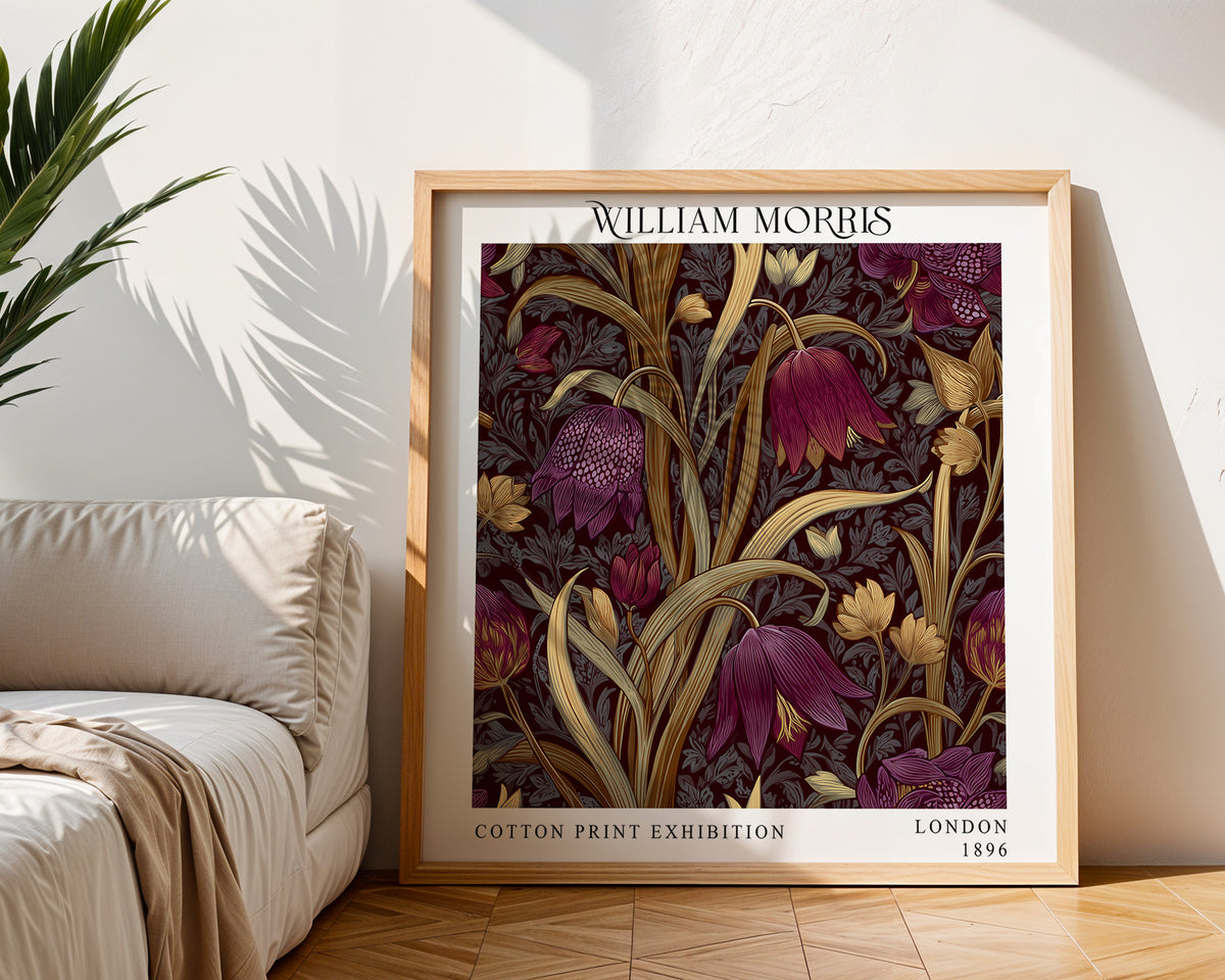 William Morris Style Floral Print – Burgundy Botanical Square Wall Art