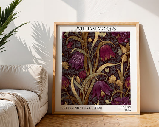 William Morris Style Floral Print – Burgundy Botanical Square Wall Art