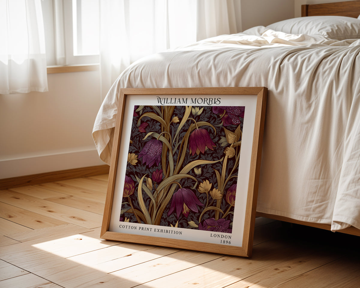 William Morris Style Floral Print – Burgundy Botanical Square Wall Art