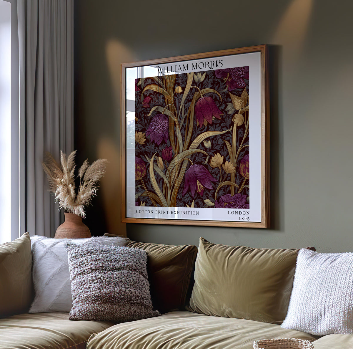 William Morris Style Floral Print – Burgundy Botanical Square Wall Art