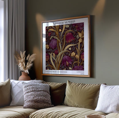William Morris Style Floral Print – Burgundy Botanical Square Wall Art