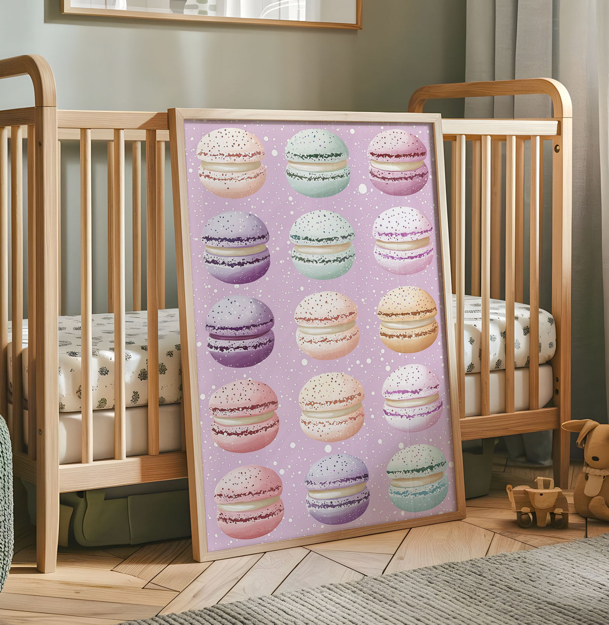 Pastel macarons nursery wall art print on a lilac pink background