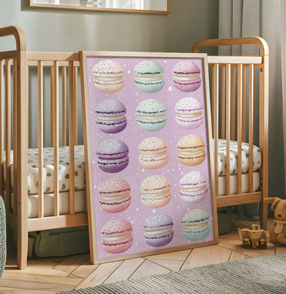 Pastel macarons nursery wall art print on a lilac pink background
