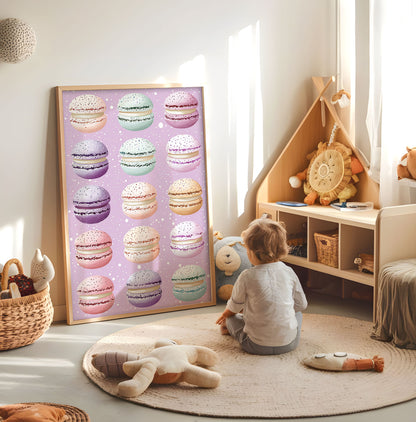Colourful macaron nursery print displayed in a bright child's room