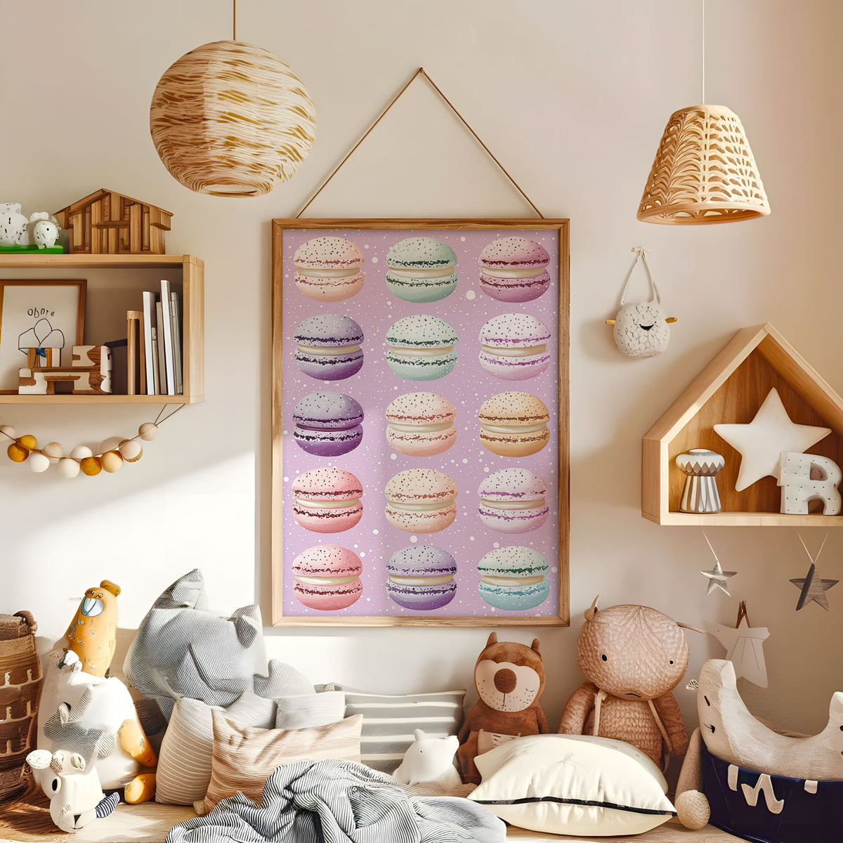 Pastel macaron wall art displayed in a warm neutral nursery
