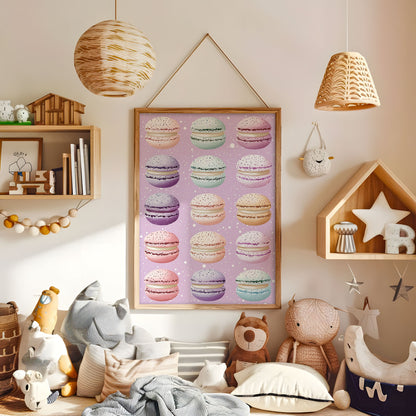 Pastel macaron wall art displayed in a warm neutral nursery