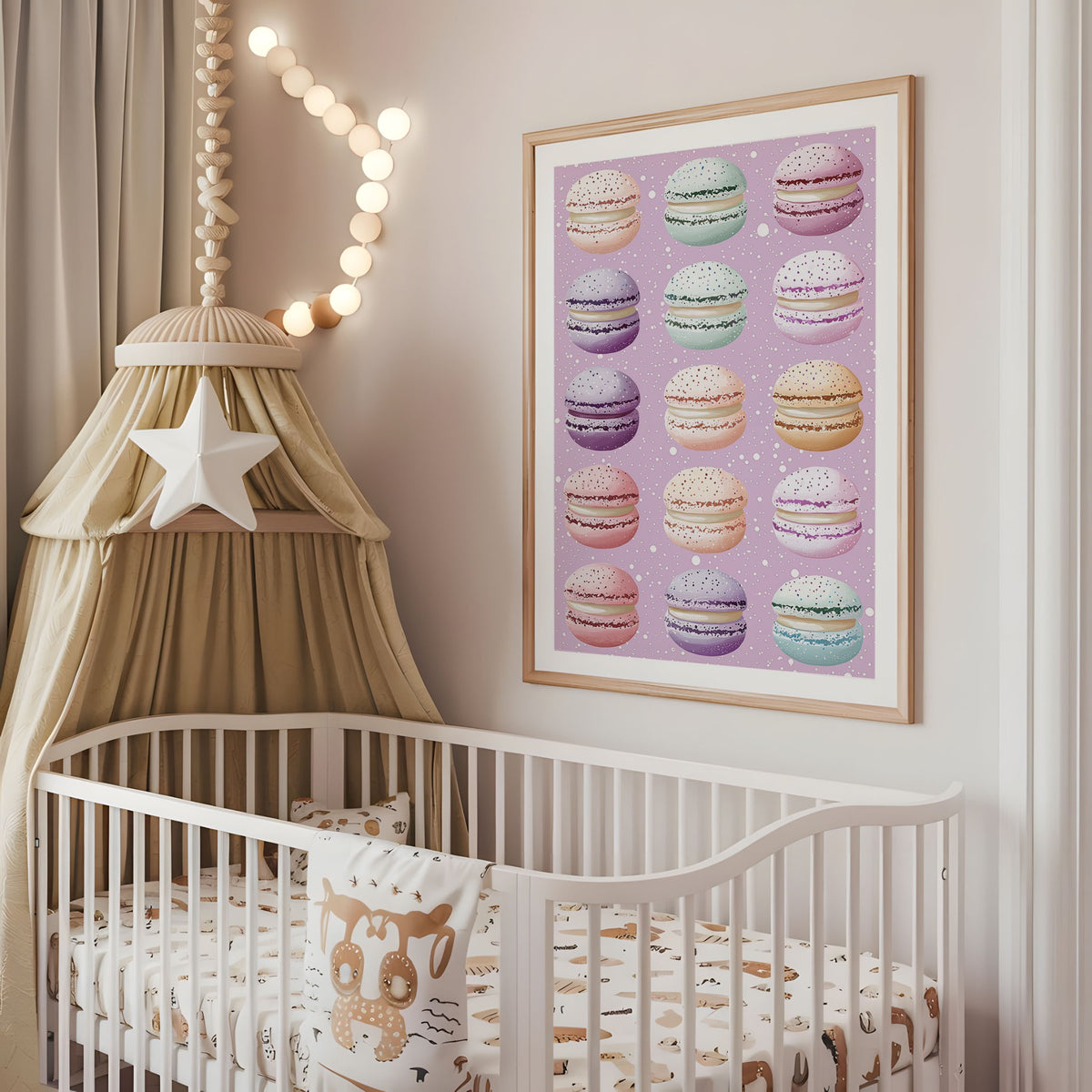 Pastel macarons nursery wall art displayed above a cot