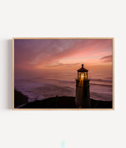 Lighthouse Sunset Print, Coastal Ocean Photography Wall Art Poster, Seaside Beach Decor