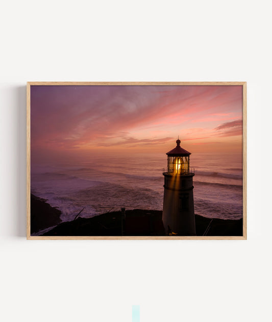 Lighthouse Sunset Print, Coastal Ocean Photography Wall Art Poster, Seaside Beach Decor