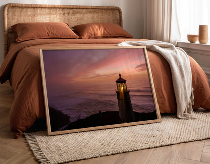Lighthouse Sunset Print, Coastal Ocean Photography Wall Art Poster, Seaside Beach Decor